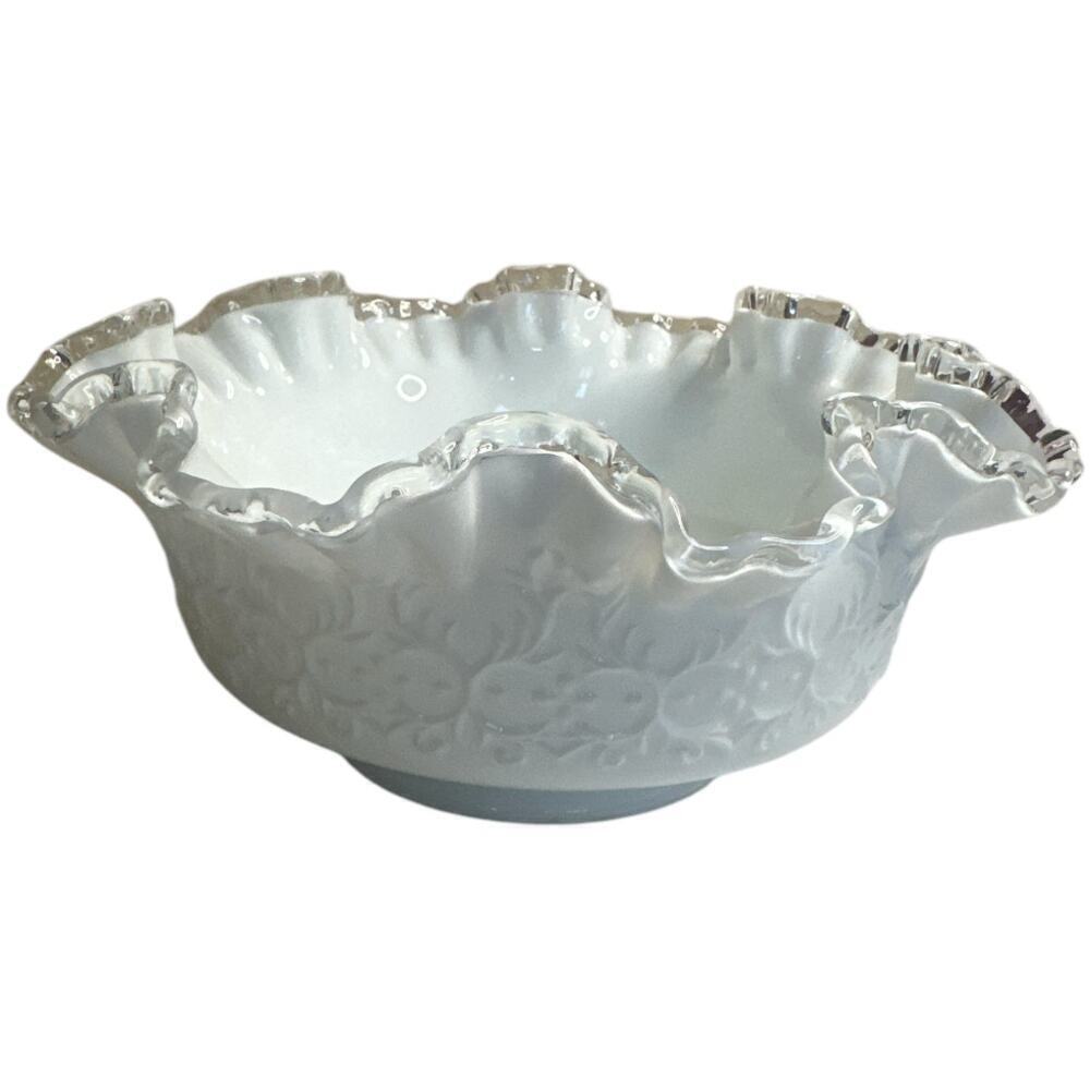 Vintage Fenton Silver Crest Milk Glass Bowl Ruffle Top Spanish Lace 9.25”
